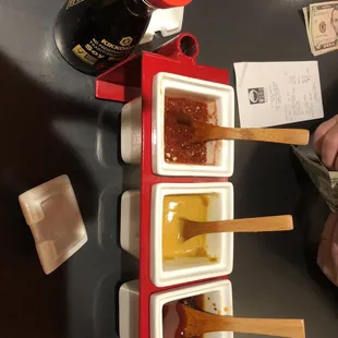 condiments, soy sauce, sraicha, Chinese mustard &amp; chili oil