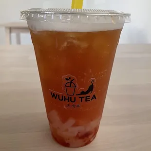 Strawberry green tea with lychee jelly &amp; less ice