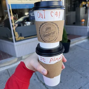 oat milk cappuccino and caramel brûlée latte with almond milk