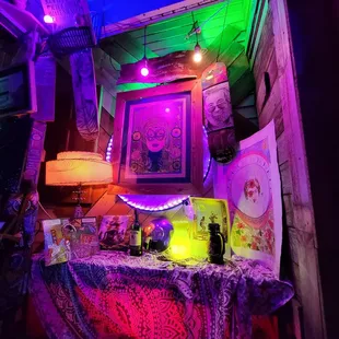 Art throughout the bar, neat lights too