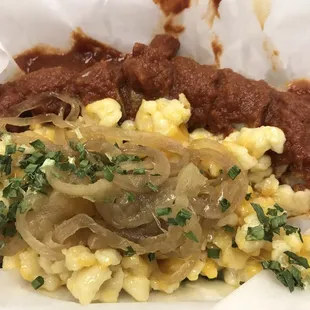 Curry wurst with spaetzle. I know I spelled it wrong lol.