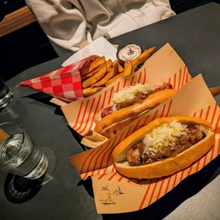 Large fries on top, Kielbasa middle (tasty), and bockwurst bottom (clean)