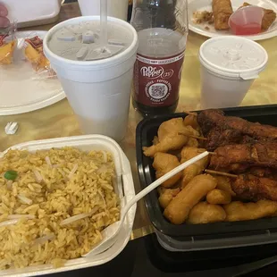 Fried rice and sweet and sour chicken and chicken teriyaki