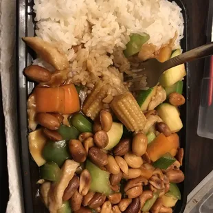 Chicken with cashew and steamed rice