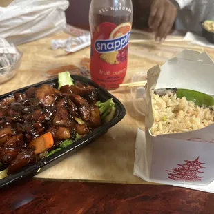 Bourbon chicken (left) &amp; vegetable fried (right)