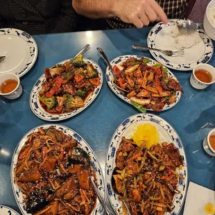 Sate beef(TL) Hunan lamb(TR), Eggplant(BL) 4 Treasures(BR) TL=top left, TR=top right, so on