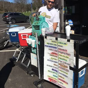 a man standing behind a sign