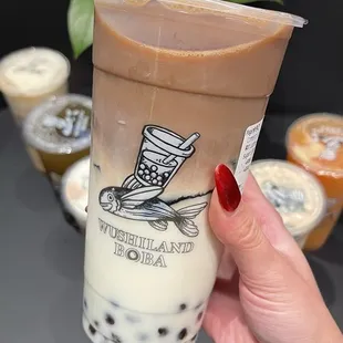 Oolong tea latte organic with half grass jelly half boba