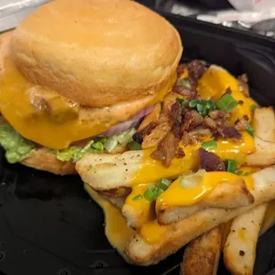 a cheeseburger and fries