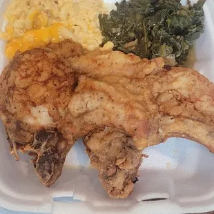 Fried pork chop Mac and cheese and collard greens