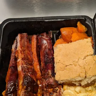 Pork ribs dinner w/ cornbread, candied yams, and mac &amp; cheese