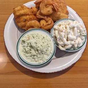 Fried Fish and Shrimp with cole slaw and Mac Salad