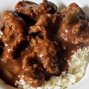 a bowl of rice and meat