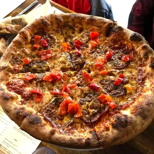 a whole pizza on a table