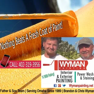 Omaha painting company. Wyman Painting. Father, son team. A+ BBB. Since 1989. http://www.wymanpainting.net