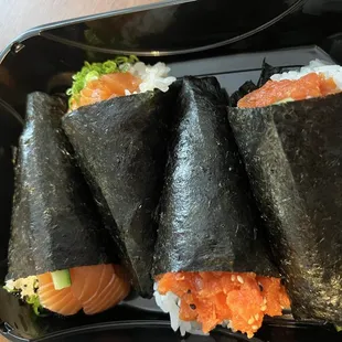 Spicy Tuna Hand Roll x2, Fresh Salmon Hand Roll, Spicy Salmon Hand Roll