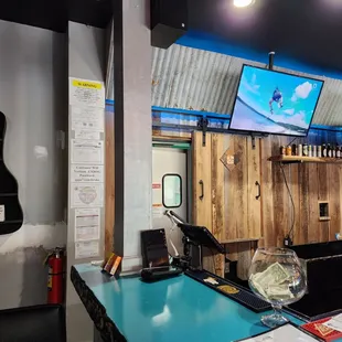 Back of bar with closed barn door