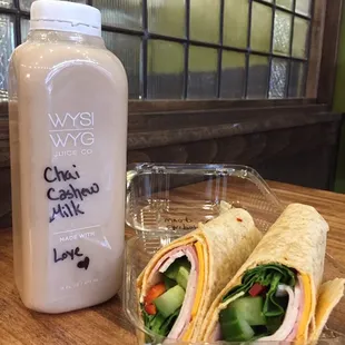 We got lunch covered with customer favorite ham and turkey chipotle wrap - with housemade chai cashew milk.