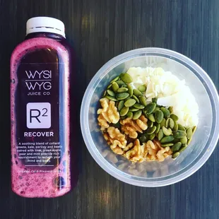 WYSIWYGrains bowl is an oats, chia, and gluten-free buckwheat base topped with your choice of fruit, nuts &amp; seeds.