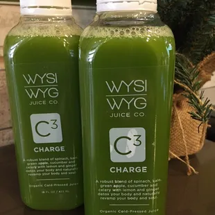 Our greenest green juice CHARGE. Equivalent of a pound of kale and spinach in there! Great in a pineapple-banana smoothie.