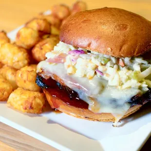 a burger and tater tots