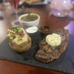 12oz ribeye steak with greens and baked potato 8/10