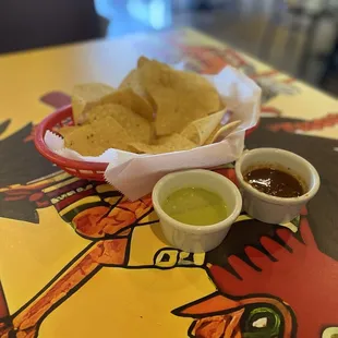 Complimentary house made chips and salsas (verde and spicy)