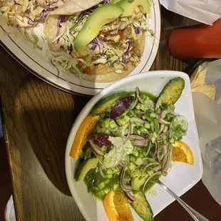 Fish and shrimp tacos and shrimp agua chiles