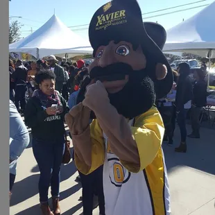 Xavier mascot outside Convocation Center