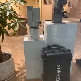 a computer and a printer on display