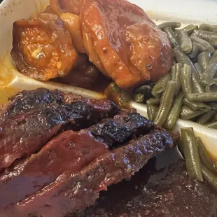 Beef Meal with yams and string beans as sides