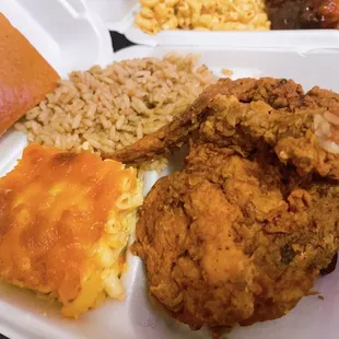 Fried chicken with macaroni and cheese &amp; rice/beans