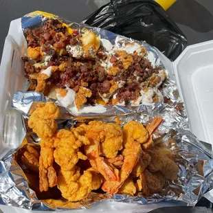 Butterflied shrimp, with chicken bacon ranch loaded fries