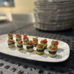 Spicy tuna roll, cucumber, nori, and micro wasabi