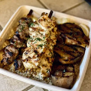 Family Style Mixed Grill with extra chicken skewers.
