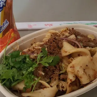 Tea ($3) and Cumin Lamb Biang Noodles, generous serving ($10, 6/28/21)