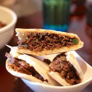 Cumin Lamb Flat Bread 孜然羊肉夹馍 ($6 - just ok, strong lamb smell) and Marinated Pork Elbow Flat Bread 蹄膀夹馍 ($6 - underneath)