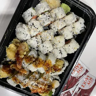 a tray of sushi