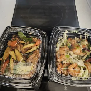 Chicken and vegetables, salt and pepper   shrimp.