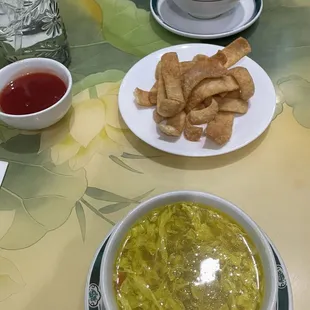 Egg Drop Soup, crispy noodles, Hot and Sour Soup