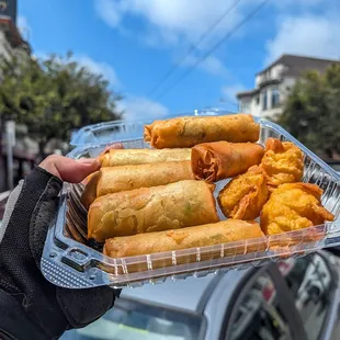egg rolls, shrimp rolls and shrimp puffs