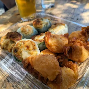 shrimp and chives dumplings and shrimp puffs