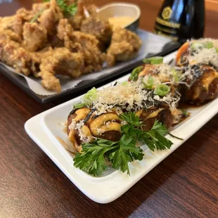 Chicken karage and takoyaki.