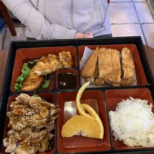Bento box: teriyaki chicken, teriyaki salmon, chicken Katsu