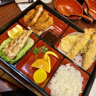 Dinner Bento  - Tonkatsu  - Saba Teriyaki  - Mixed Tempura