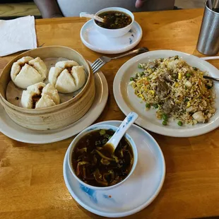 BBQ BAO,EGG DROP SOUP, BEEF &amp; CHICKEN FRIED RICE