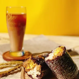 Purple rice riceburritos with black tea soy milk