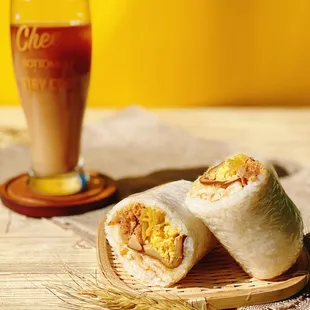 Purple rice riceburritos with black tea soy milk