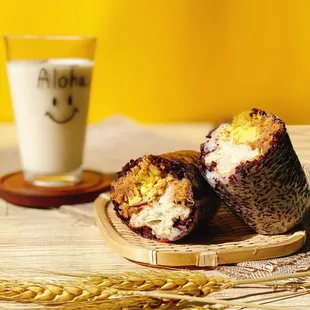 Purple rice riceburritos with soy milk