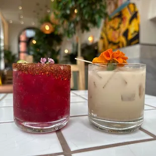 Hibiscus Margarita (L) &amp; Dirty Horchata (R), both extremely delicious!!